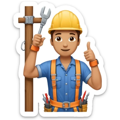 Un electricista subido en el poste de luz con todos sus implementos de seguridad haciendo like sticker