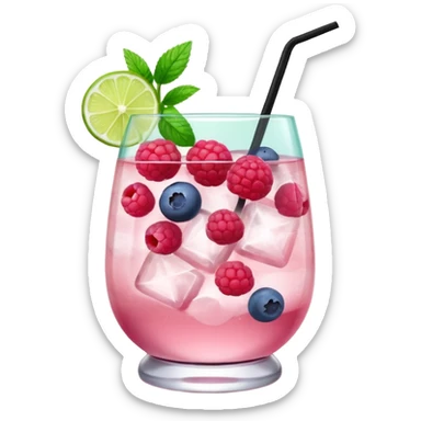 pastel pink cocktail in a rounded clear glass, the drink contains visible raspberries and blueberries inside with light foam at the top. garnished with a fresh green mint sprig and a lime wedge on the rim. add a black straw. sticker