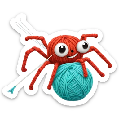 spider holding a ball of yarn and knitting needles sticker
