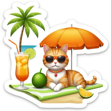 Cute cat on beach towel with a tropical mai tai drink and sunglasses sticker