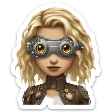 Brown long hair with blonde steaks female cyborg head, fair skin, steampunk goggles and circuits sticker