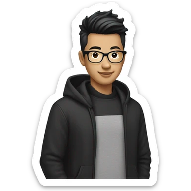 25 year old Asian male with glasses and pompadour hair, black hoodie sticker