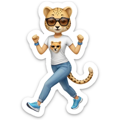friendly anthropomorphised female cheetah in jeans and t-shirt, wearing dark sunglasses, jogging upright in relaxed pose sticker
