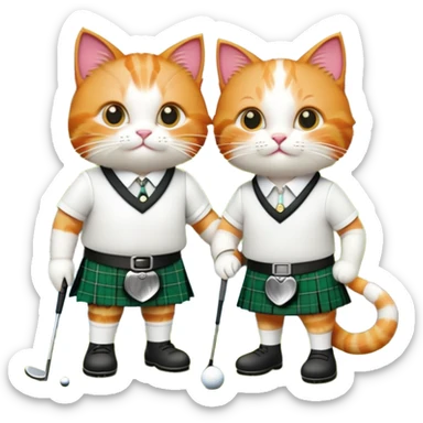 two cats in love playing golf in Scotland, wearing kilts, with a famous Scottish landmark in the background sticker