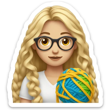 Blond long hair girl with blue eyes and glasses with yarn in her hand 
 sticker