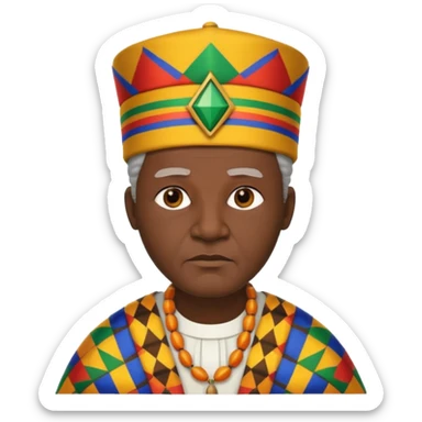 Create an emoji of an Old serious African king wearing kente cloth, white shirt and kufi hat sticker