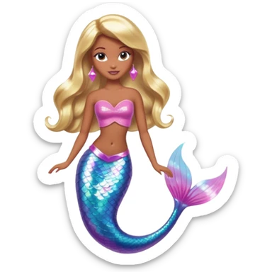 Brown skin blonde hair barbie mermaid with holographic tail and pink  in hair sticker