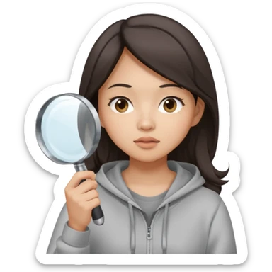 A brunette asian woman wearing hoodie holding a large magnifying glass and squinting at something to intently sticker