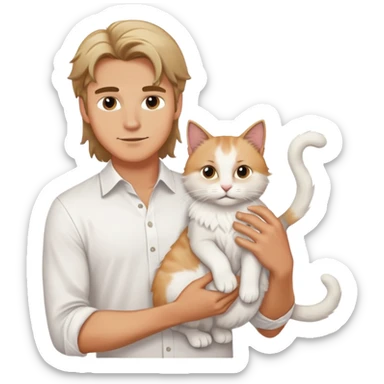 A young handsome Caucasian man in a white shirt holds a long-haired white cat sticker