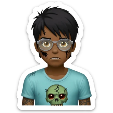 Boy, zombie, black hair, medium long, emo, shaggy, dark, spooky, creepy expression emoji, add transparent glasses, a risk on the eyebrow, some tattos sticker