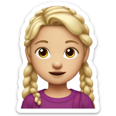 
A little blonde girl with pigtails and little purple bows wearing a red long sleeved shirt and a purple jumper sticker