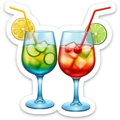 Create an emoji of two cocktails cheers action, one glass of green and yellow color and one glass of blue and red, without any fruit, make a toast asction sticker