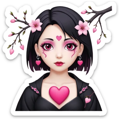 goth sakura heart, heart pierced by sakura branch, white and pink sticker