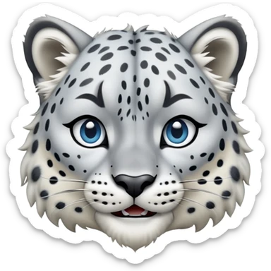 Cinematic-Comical-Snow-Leopard-Portrait-Emoji – Head tilted dramatically with an exaggeratedly amused expression, featuring a thick, spotted white-and-grey coat with a dense ruff around the neck, wide, piercing icy blue eyes filled with playful disbelief zoomed out showing the shoulders sticker