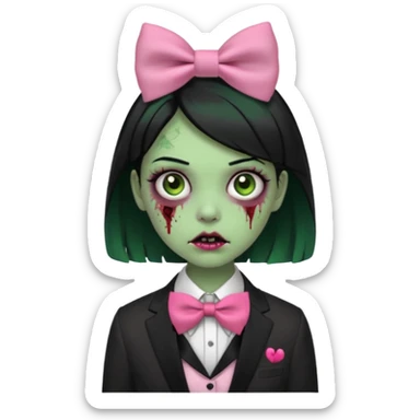 zombie green skin girl, black hair with pink bow tie sticker