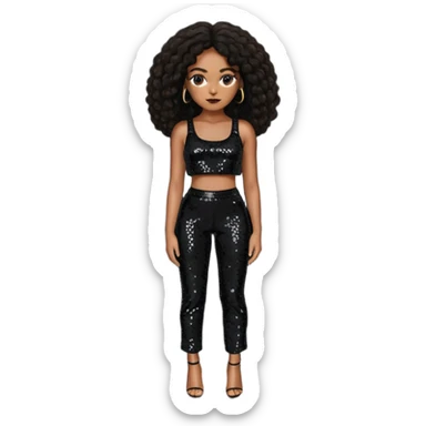 Solange with long dark brown hair, black sequin crop top, black sequin pants sticker