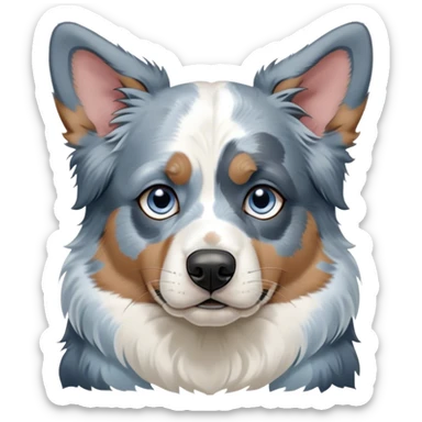 Cinematic Meme-Worthy Grumpy Blue Merle and White Australian Shepherd Portrait Emoji, Head held high but eyes filled with dramatic disappointment, smooth blue merle fur with stark white patches, deeply furrowed brow forming an unmistakable scowl, floppy ears slightly angled back in disapproval, piercing blue eyes glaring with pure exasperation, Simplified yet hilariously over-exaggerated features, highly detailed, glowing with an aura of supreme annoyance, high shine, exhausted yet judgmental, stylized with an almost regal pettiness, bright but brooding, soft glowing outline, capturing the essence of a pup that has seen it all and is thoroughly unimpressed, so meme-worthy it feels like it could instantly become the next viral sensation of grumpiness! sticker