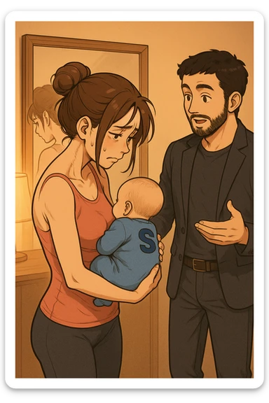 ispirati a questo stile di disegno e fai questa immagine in versione manga/webtoon a colori, il manga mostra la donna che si guarda alla specchio preoccupata di profilo con la postura sbagliata e incurvata, spalle chiuse e curve in avanti, con un neonato in braccio con una tutina azzurra e la scritta "S" blu sulla schiena, spina dorsale storta della donna in evidenza mentre al suo fianco anche l'uomo guarda la donna riflessa nello specchio e le spiega una cosa, ma non fare i fumetti, fai come se stessero parlando sticker