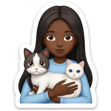 A black straight long-haired girl is holding a white cat sticker