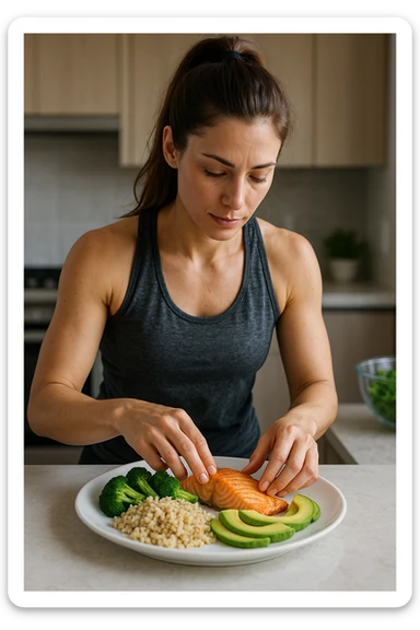 Donna che prepara un pasto equilibrato fit, con carboidrati, proteine e grassi dentro il piatto. Perfettamente equilibrato. Molto realistica sticker