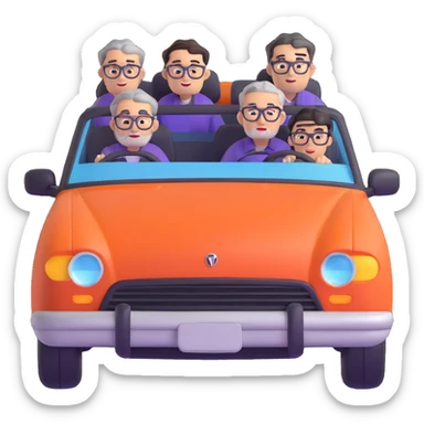 orange car front view with three people inside: driver man with purple shirt, stubble, round face; front seat man with gray hair, glasses, checkered shirt, round face; back seat man with black hair, glasses, black t-shirt, sharp face sticker