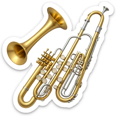 Create a simple and symbolic emoji collage representing wind instruments. Include a variety of iconic elements like the bell of a trumpet, the mouthpiece of a saxophone, and a subtle outline of a trombone. Arrange the elements in a dynamic and balanced way. Use warm metallic tones like gold, brass, and silver for the instruments, with a clean and minimalist design. The background should be transparent, focusing on the shapes and silhouettes of the instruments to convey their essence without excessive detail. sticker