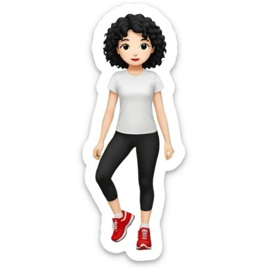 generate a pretty bratz fair skinned girl with curly black hair wearing a white tshirt trekking on a hill with red sneakers on and black leggings sticker
