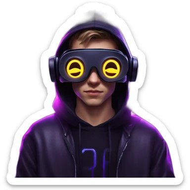 Russian young man wearing a black hoodie with "OMG" letters on it and VR headset in a cyberpunk VR environment with violet neon lighting. sticker