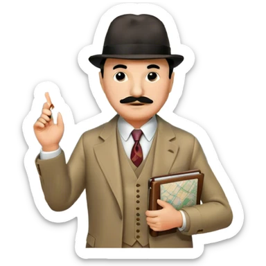 A cinematic-style frame showing Hercule Poirot in his iconic suit with a notebook in a dramatic detective pose. Background should be mysterious city, map, a board with photos of suspects, clues like fingerprints. Transparent background. sticker