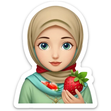 Turkish beautiful finish Konya girl blue eyes with beige and light green hijab islamic dress and had on her hand strawberry Matcha  sticker