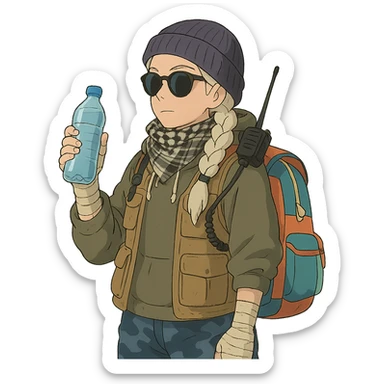 1 female, long white braid, knit cap, dark sunglasses, shemegh neckwrap, fishing vest, vibrant shool backpack, drab hoodie, handwraps, blue camo pants, handheld radio clipped to shoulder, unkempt, holding a bottle of water sticker