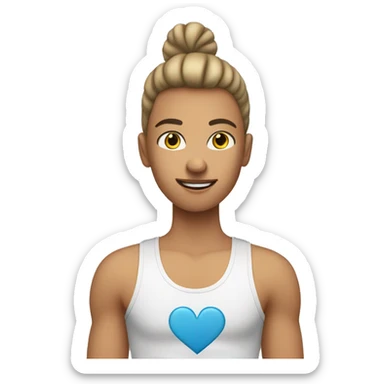 Caucasian healthy person wearing a tank top with a heart on the front sticker