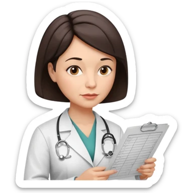 A female doctor in her 50s with visible facial wrinkles, dark brown short bob hair, her body turned slightly at an angle, with her gaze clearly directed downward and fixed on the medical chart she is reviewing. sticker