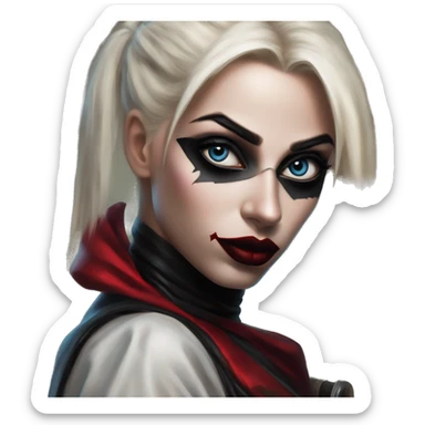 Arabic ninja in Harley Quinn style, oil paint, mysterious eyes, intricate lips, masterpiece portrait, odd perspective, beautiful, desirable, logical sticker