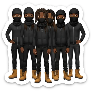 Group of African American men with dreadlocks wearing black ski masks covering their face wearing black skinny jeans and black timberland boots sticker
