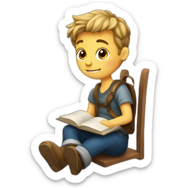 european boy seats with a book sticker