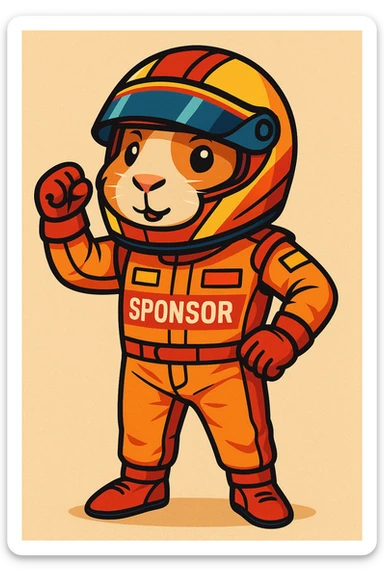 full-body guinea pig wearing a Formula 1 racing suit and helmet, detailed cartoon style sticker