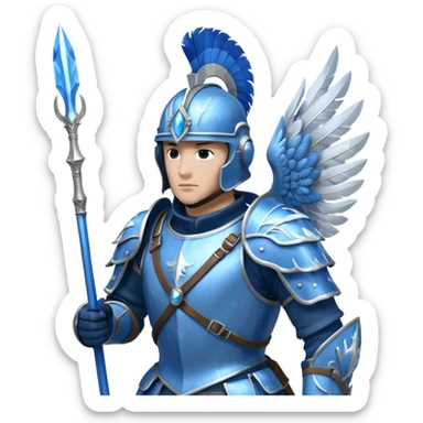 soldat en armure légère de couleur argentée et bleue, presque translucide, tenant une lance ornée d'un cristal. Son casque est stylisé avec des plumes d'oiseau. Il se tient devant un fond de nuages vaporeux. sticker