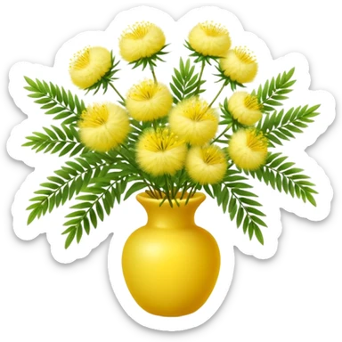 mimosa blossom cluster, round fluffy yellow flowers with tiny filaments, slender green stems, delicate feathery leaves, vibrant and soft spring bloom, no vase or extras, apple emoji style, soft lighting, transparent background, emoji scale sticker