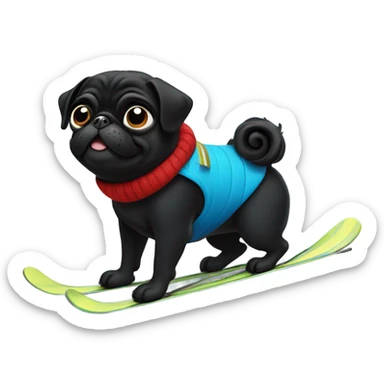 Black pug with a curly tail skiing on a snowy mountain sticker
