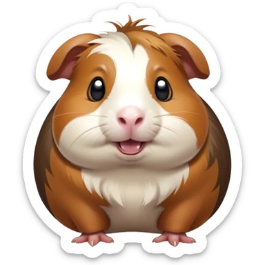Cinematic Comical Brown and White Banded Guinea Pig Portrait Emoji, Head tilted dramatically with an exaggeratedly amused expression, featuring a striking coat with bold brown and white banding, wide, expressive dark eyes filled with playful disbelief, Simplified yet hilariously expressive features, highly detailed, glowing with a slightly sassy glow, high shine, dramatic yet playful, stylized with an air of cheeky mischief, bright and endearing, soft glowing outline, capturing the essence of a spirited and over-the-top guinea pig, so meme-worthy it feels like it could side-eye its way into internet fame instantly! sticker