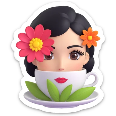 espresso cup with a glamorous lady face, long eyelashes, beauty mark, and a flower on the rim sticker