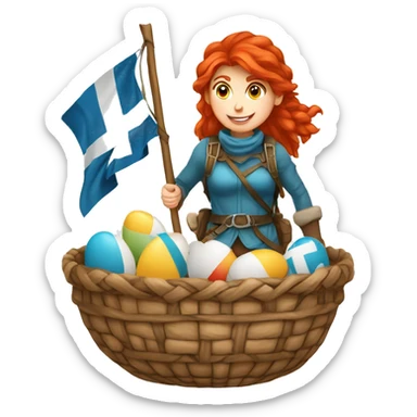 red hair female winter mountaineer climbing with Easter eggsbasket and Greek flag sticker