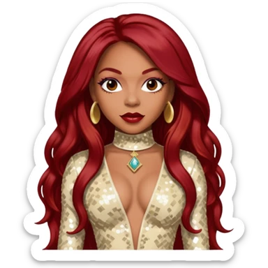 LaTavia Robeson from Destiny's Child with long dark red hair, cream sequin outfit sticker