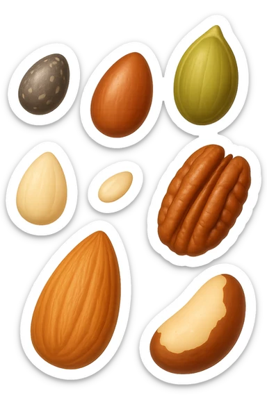 emoji stile iphone 3d di questi elementi che fluttuano in aria:

Semi di chia, lino, zucca, sesamo
Mandorle, noci pecan, noci brasiliane (porzioni limitate)

 che fluttuano sparse casualmente in aria, iperealistico 4k sticker