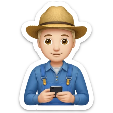 a farmer emoji with overalls holding a smartphone, minimal background sticker