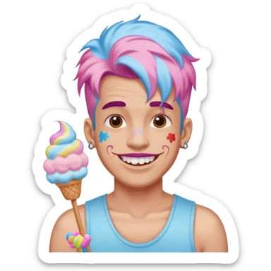 happy colorful haired man made out of cotton candy with braces and tattoos and just face not holting anything sticker