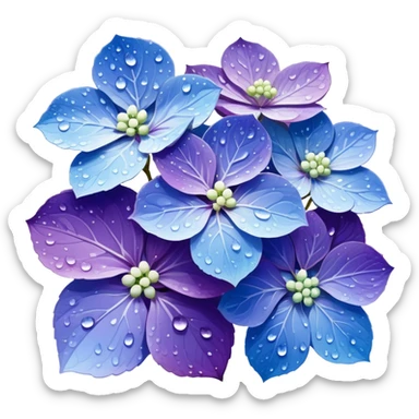 Japanese style hydrangea (ajisai) flower in ukiyo-e inspired design, delicate blue-purple gradient, elegant composition with raindrops, traditional Japanese aesthetic sticker