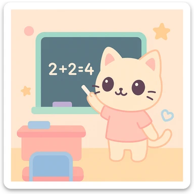 cat teacher writing on a blackboard with chalk, classroom background, cheerful and lively feeling sticker