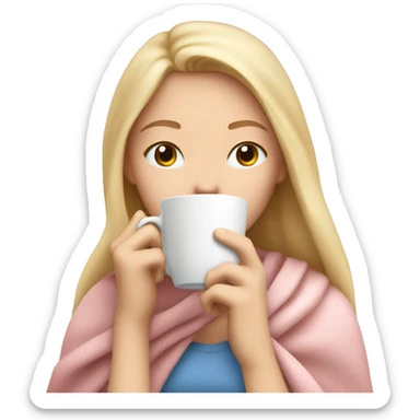 Blonde girl inside a light pink blancket sipping coffee eyes closed white skin blue eyes  sticker
